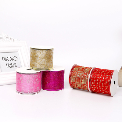 2.5''Christmas wired ribbon organza with gold printing ribbon YD-CL014
