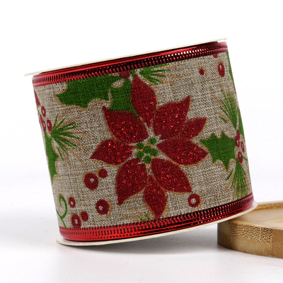 2.5''Christmas wired ribbon flower printing &nbsp;ribbon YD-CL005