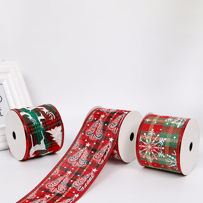 2.5''Christmas wired ribbon plaids ribbon with glue printing YD-CL011