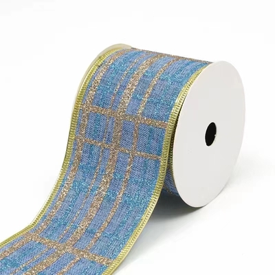 2.5" blue and yellow Check Ribbon glitter ribbon YD-GZ035