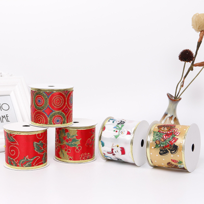 2.5''Christmas wired ribbon stain fabric with glitter printing ribbon YD-CL008
