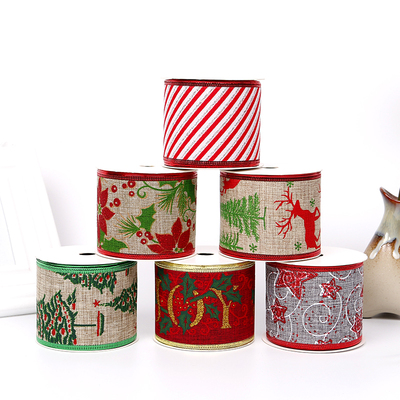 2.5''Christmas wired ribbon hessin with color printing YD-CL007